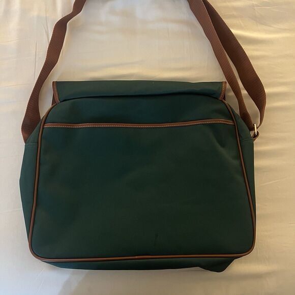 Polo Ralph Lauren Canvas Messenger Crossbody Bag Tote Green Brown Trim 15” Wide - Picture 8 of 14